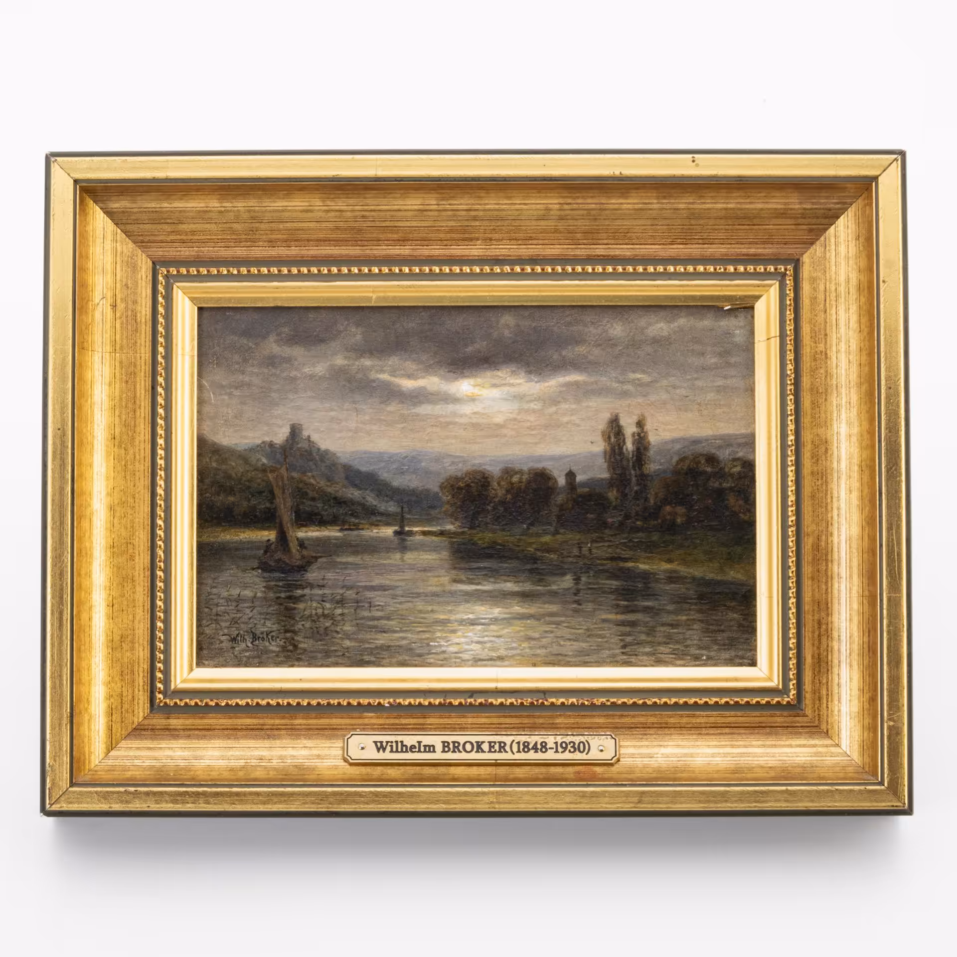 Картина "Речной пейзаж на закате дня", художник Вильгельм Брокер (1848-1930 гг.), с экспертизой