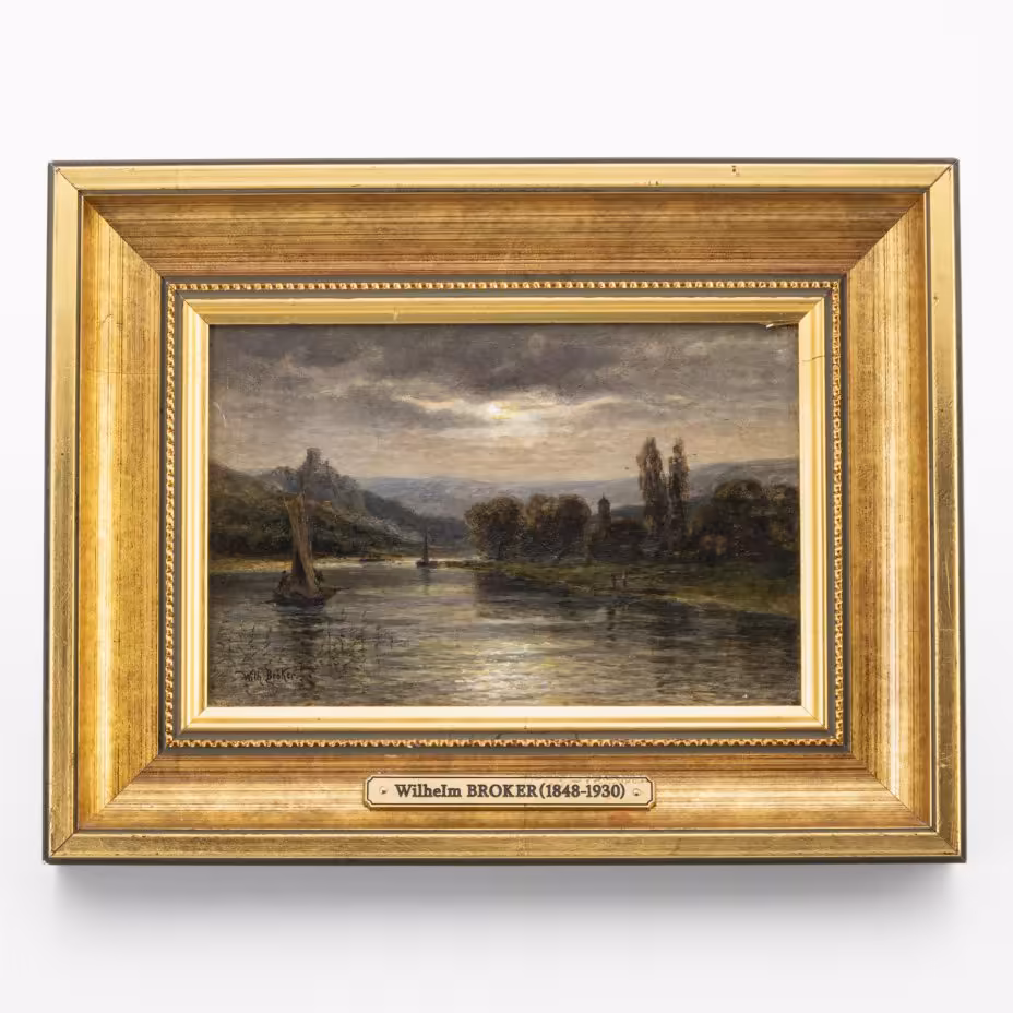 Картина "Речной пейзаж на закате дня", художник Вильгельм Брокер (1848-1930 гг.), с экспертизой