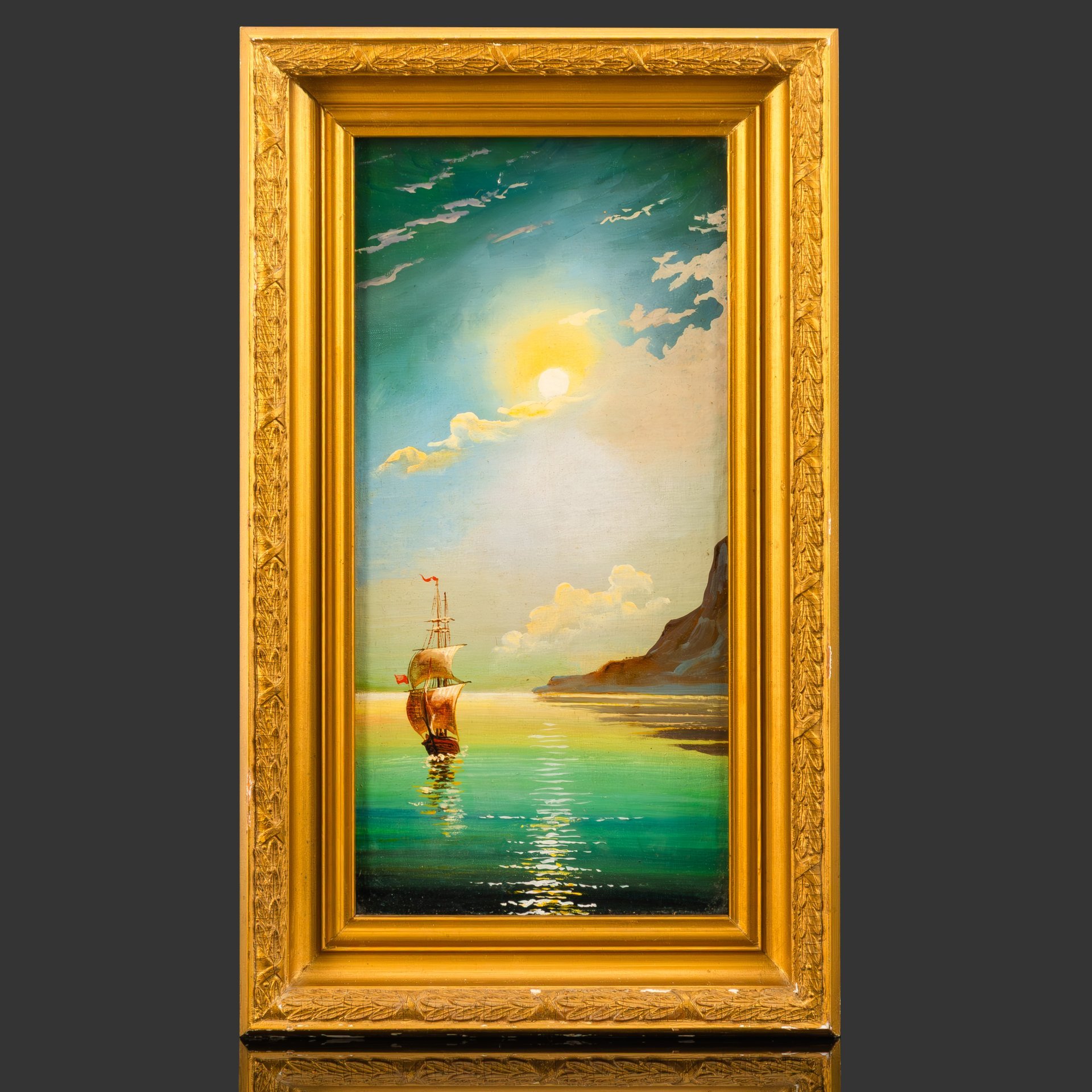 Картина "Морской пейзаж" в раме, автор Устюхин, холст, на картоне масло дерево рама, Россия, 1998 г.