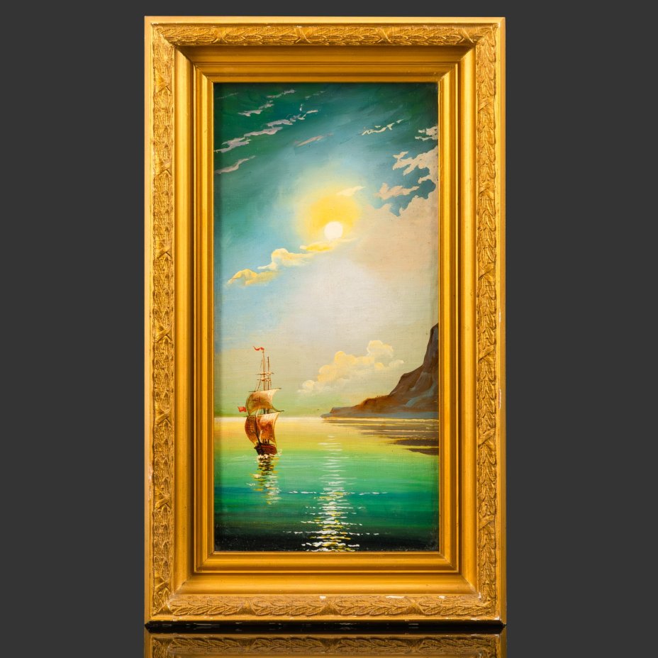 Картина "Морской пейзаж" в раме, автор Устюхин, холст, на картоне масло дерево рама, Россия, 1998 г.