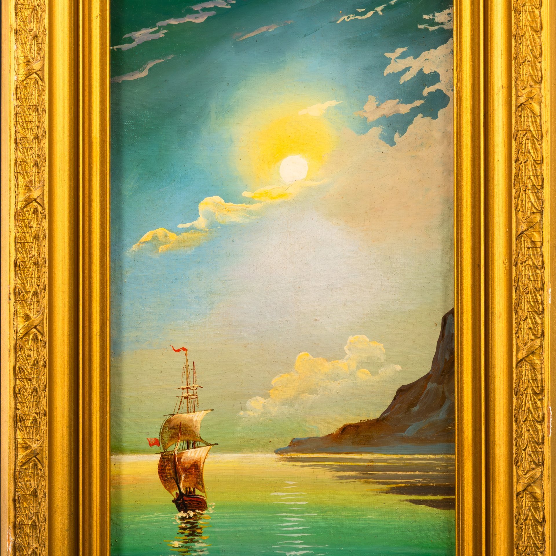 Картина "Морской пейзаж" в раме, автор Устюхин, холст, на картоне масло дерево рама, Россия, 1998 г.