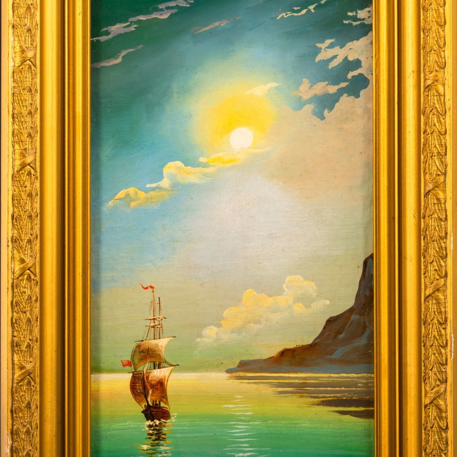 Картина "Морской пейзаж" в раме, автор Устюхин, холст, на картоне масло дерево рама, Россия, 1998 г.