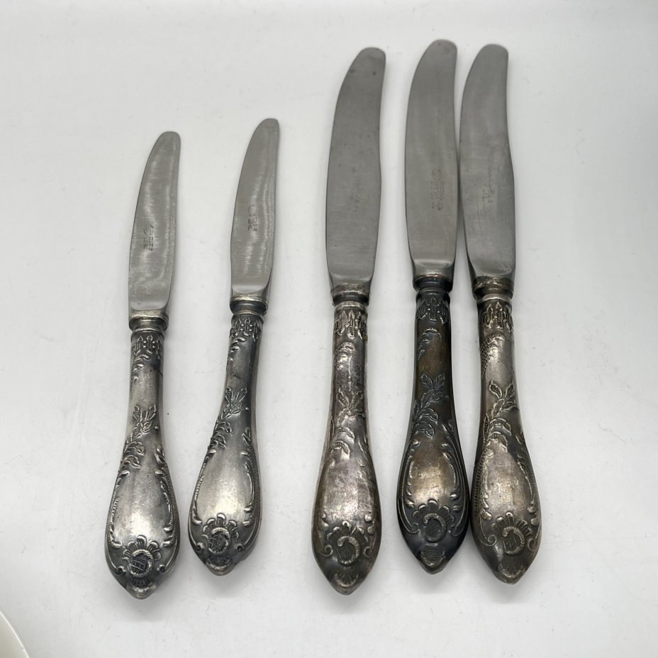 Набор из 5 столовых ножей разного размера, мельхиор (медь-никель), СССР, 1960-1980 гг.