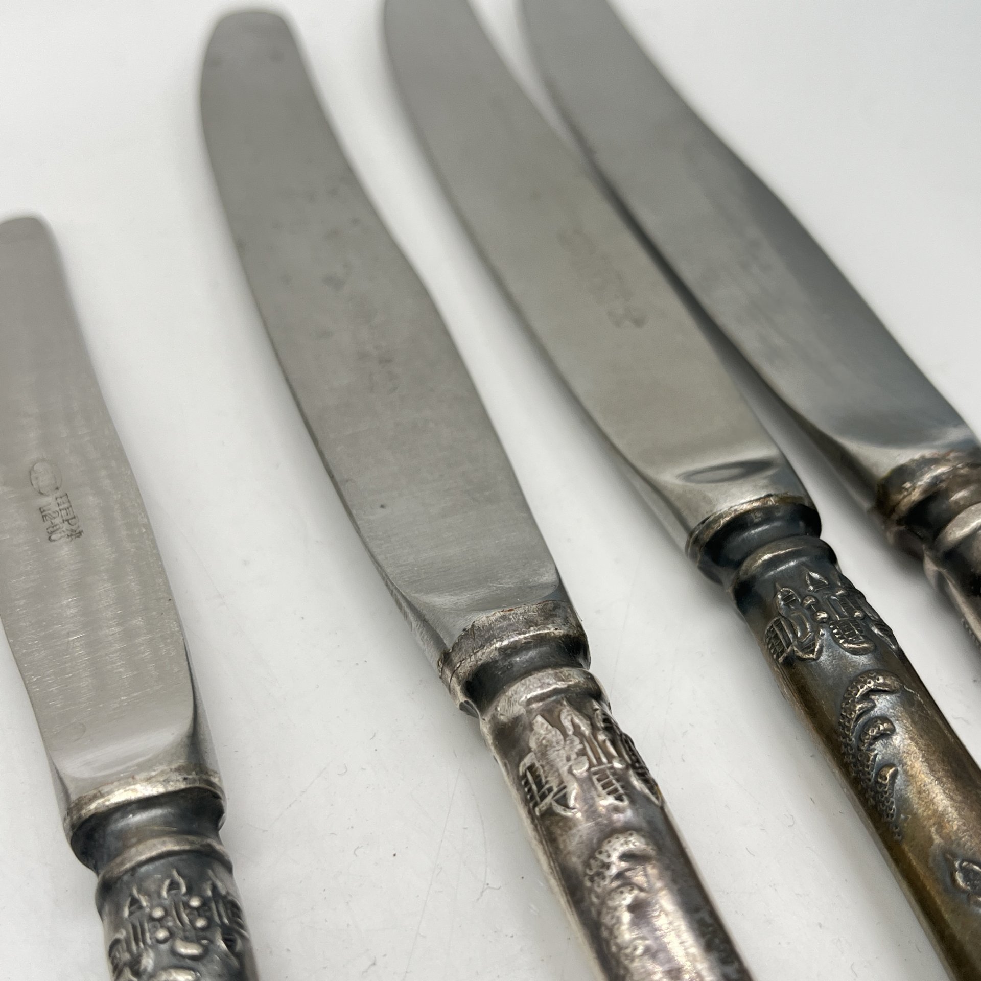 Набор из 5 столовых ножей разного размера, мельхиор (медь-никель), СССР, 1960-1980 гг.