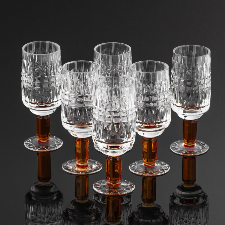 Набор из 6 бокалов "Олимпийские", автор Верин С.П., хрусталь, алмазная грань, Гусевской хрустальный завод (Гусь-Хрустальный), СССР, 1980 г.