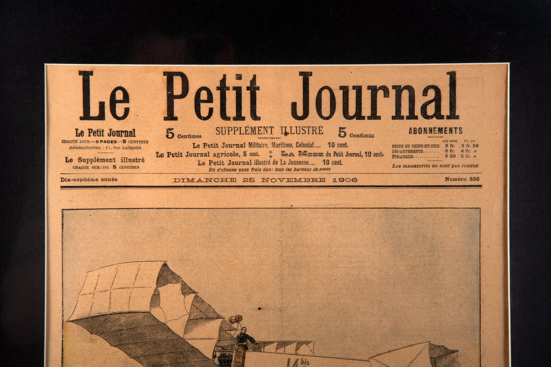 Газета "Le Petit Journal" выпуск № 836 от 25 ноября 1906, в раме и паспарту, бумага, стекло, рама, Франция, 1906 г.