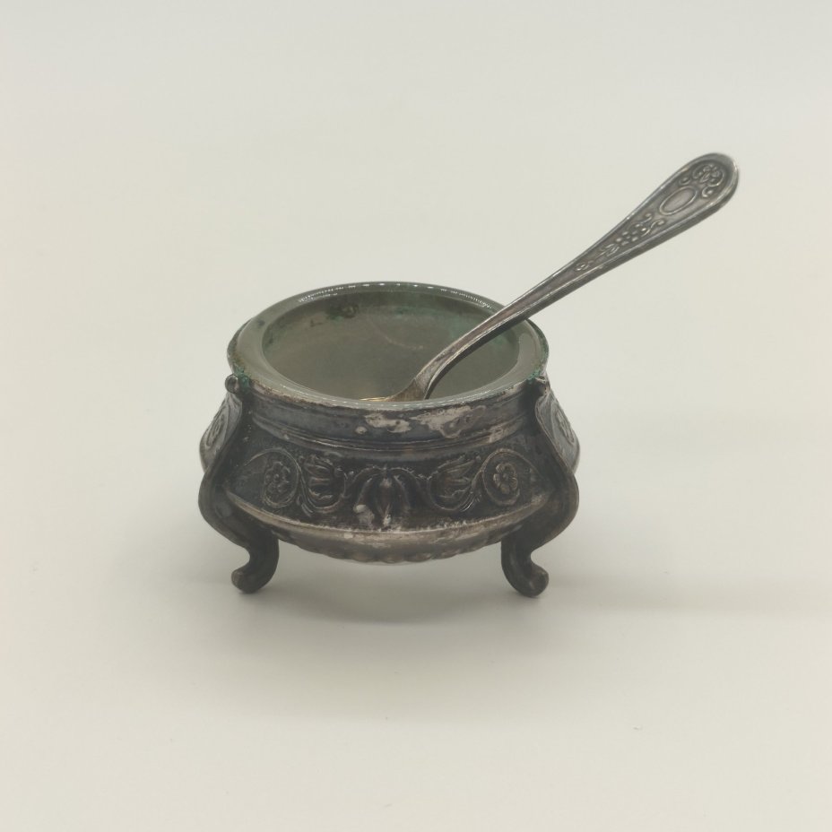Солонка с ложкой, мНЦ (медь-никель-цинк), стекло, Мстерская художественная фабрика  «Ювелир», СССР, 1960-1980 гг.