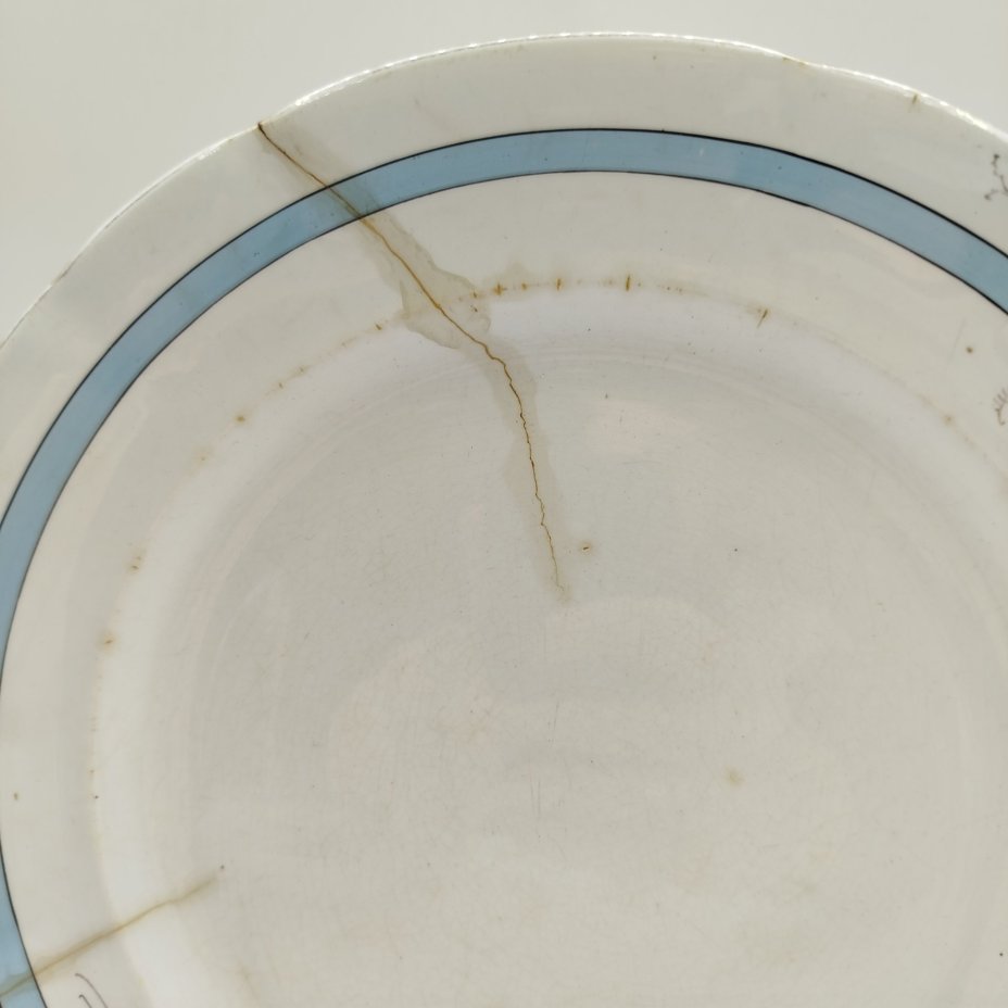 Тарелка столовая украшенная растительным декором и голубым кантом, фаянс, обводка, роспись, золочение, Товарищество М.С. Кузнецова в Твери, Российская империя, 1889-1900 гг.