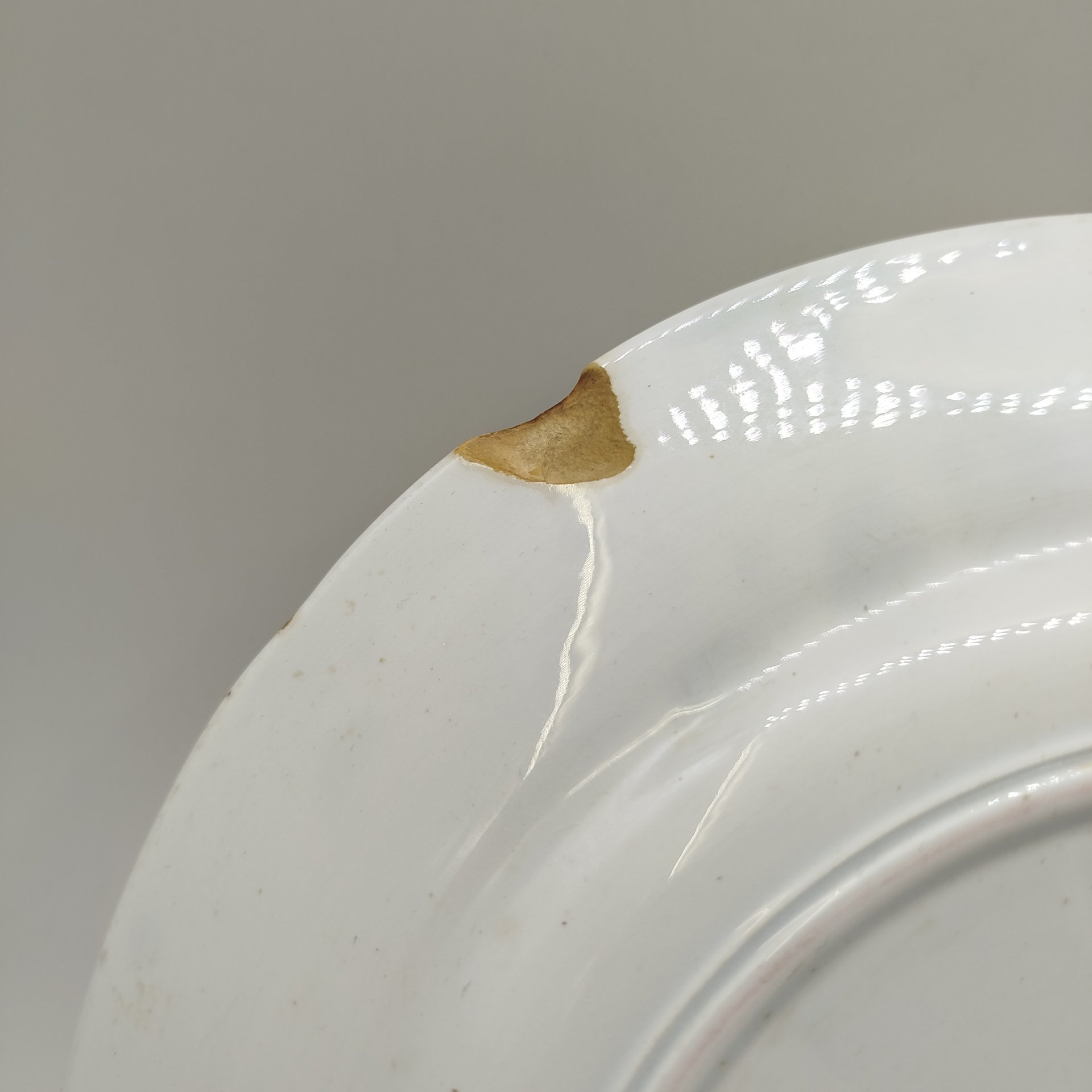 Тарелка столовая украшенная растительным декором и голубым кантом, фаянс, обводка, роспись, золочение, Товарищество М.С. Кузнецова в Твери, Российская империя, 1889-1900 гг.