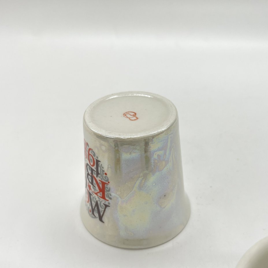 Стопка "Олимпийский мишка", фарфор, деколь, люстр, Горьковский ордена Трудового Красного Знамени завод «Орбита», СССР, 1980 г.