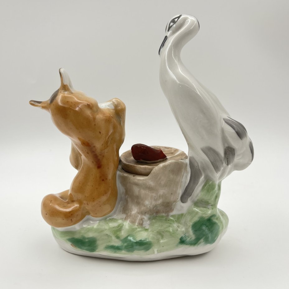Чернильница «Лиса и журавль», скульптор Ю.П. Смирнов, фарфор, роспись, Артель «Прогресс», СССР, 1950-1970 гг.