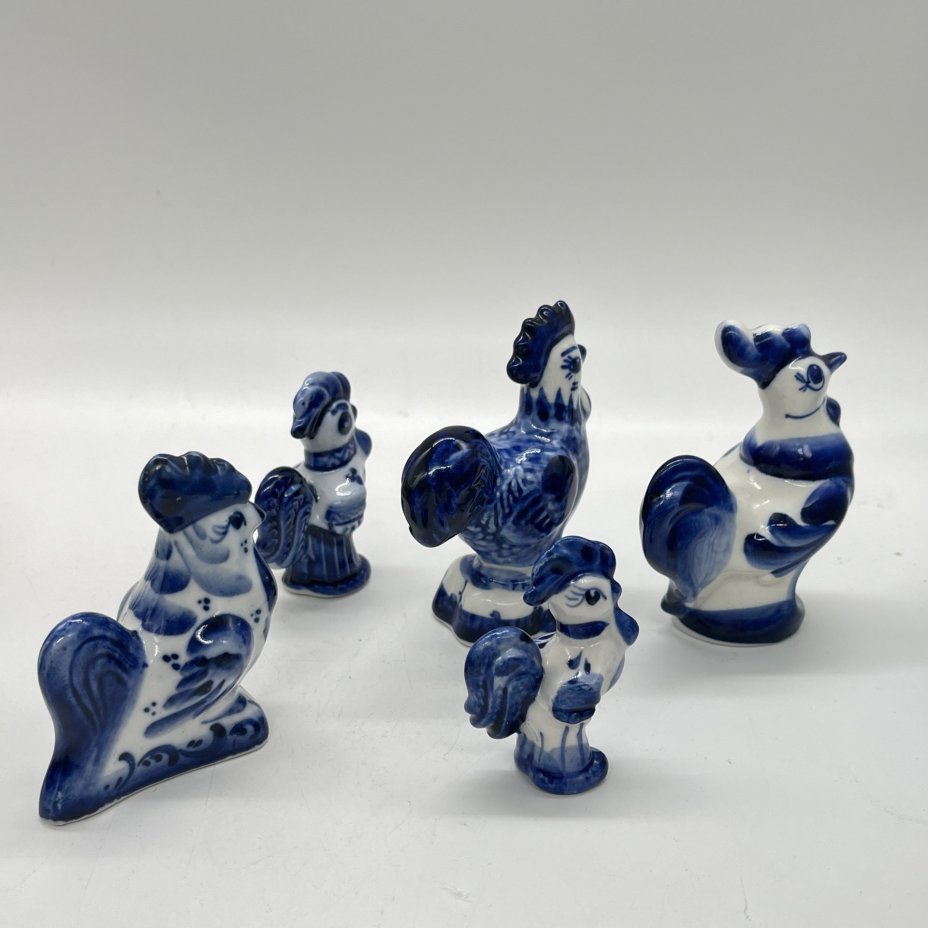 Набор из 5 статуэток в виде петухов (подбор), Гжель