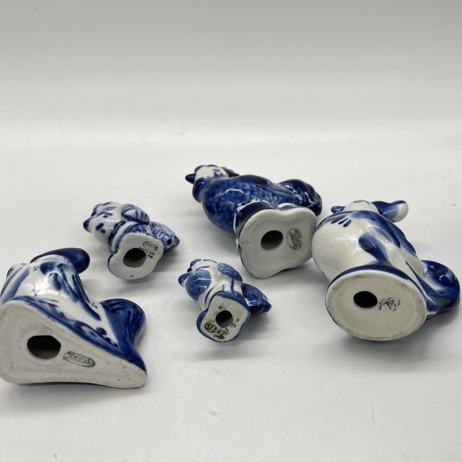 Набор из 5 статуэток в виде петухов (подбор), Гжель