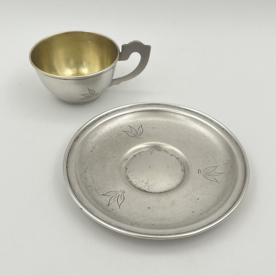 Кофейная пара с цветочным декором, мельхиор (медь-никель), золочение, Мстерский завод художественных изделий «Ювелир»