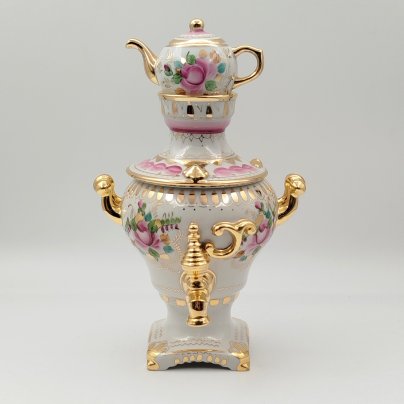 Статуэтка "Самовар с заварочным чайником", фарфор, роспись, золочение, Объединение «Гжель», СССР, 1972-1985 гг.