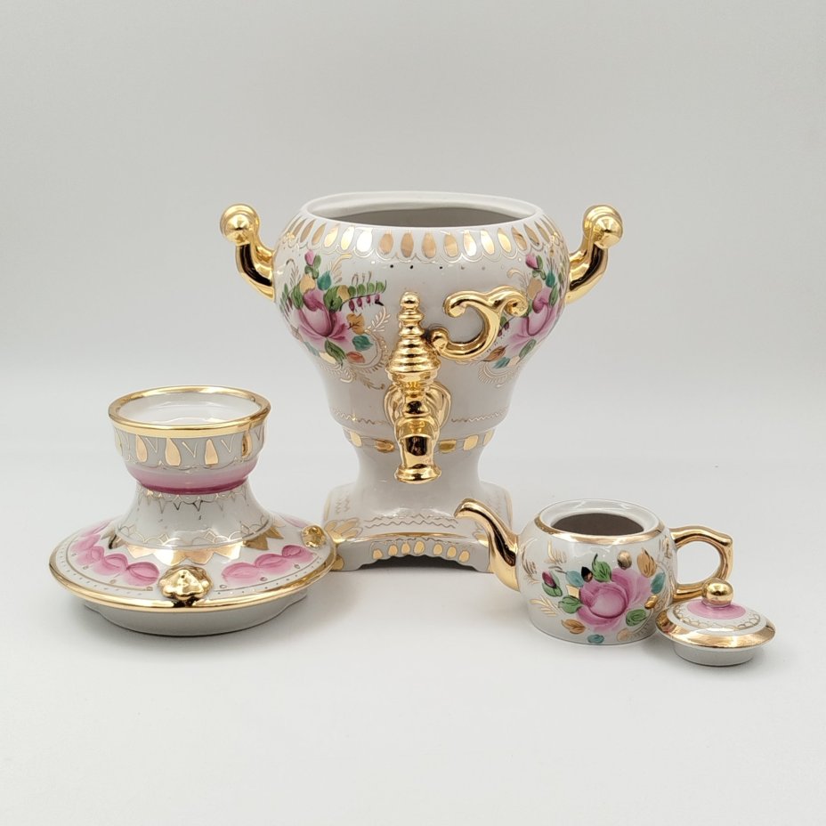 Статуэтка "Самовар с заварочным чайником", фарфор, роспись, золочение, Объединение «Гжель», СССР, 1972-1985 гг.