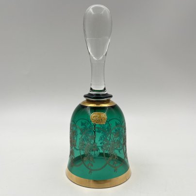 Колокольчик зеленого цвета с узорчатым декором, цветное стекло, золочение, Bohemia Crystal (Bohemia Glass), Чехословакия, 1970-1990 гг.
