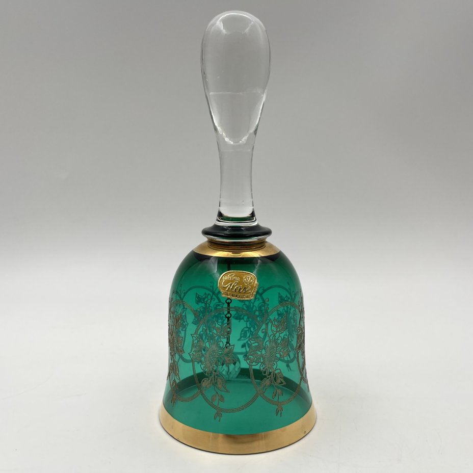 Колокольчик зеленого цвета с узорчатым декором, цветное стекло, золочение, Bohemia Crystal (Bohemia Glass), Чехословакия, 1970-1990 гг.