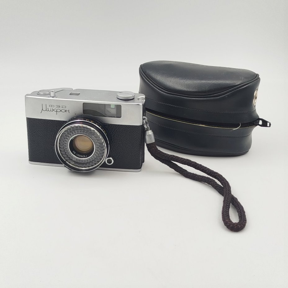Фотоаппарат "Микрон", с оригинальным чехлом, коробкой и документами, металл, пластик, стекло, картон, бумага, печать, Харьковский машиностроительный завод им. Дзержинского (ФЭД), СССР, 1975 г.