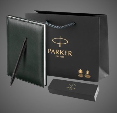 Подарочный набор: Шариковая ручка Parker IM Achromatic, Black BT и ежедневник черный недатированный, Лаки и смолы: лак, латунь