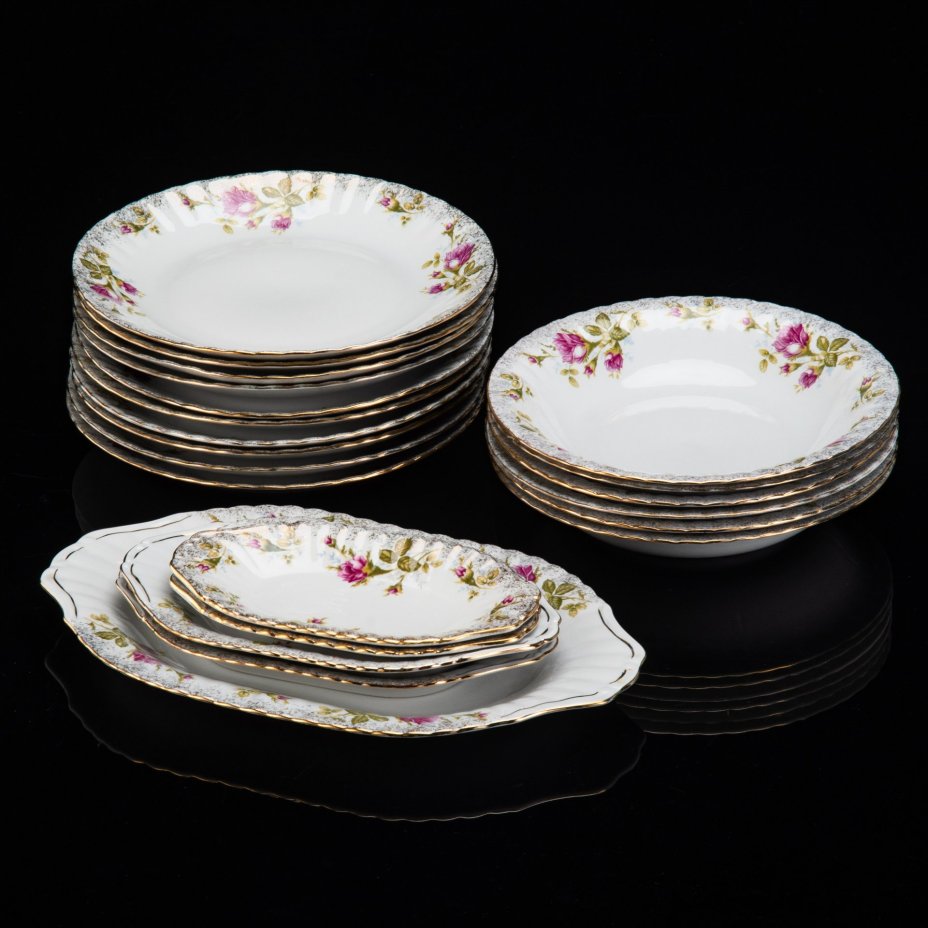 Сервиз столовый "Роза" на 6 персон, 21 предмет, фарфор, печать, золочение, Chodziez, Польша, 1964-1991 гг.