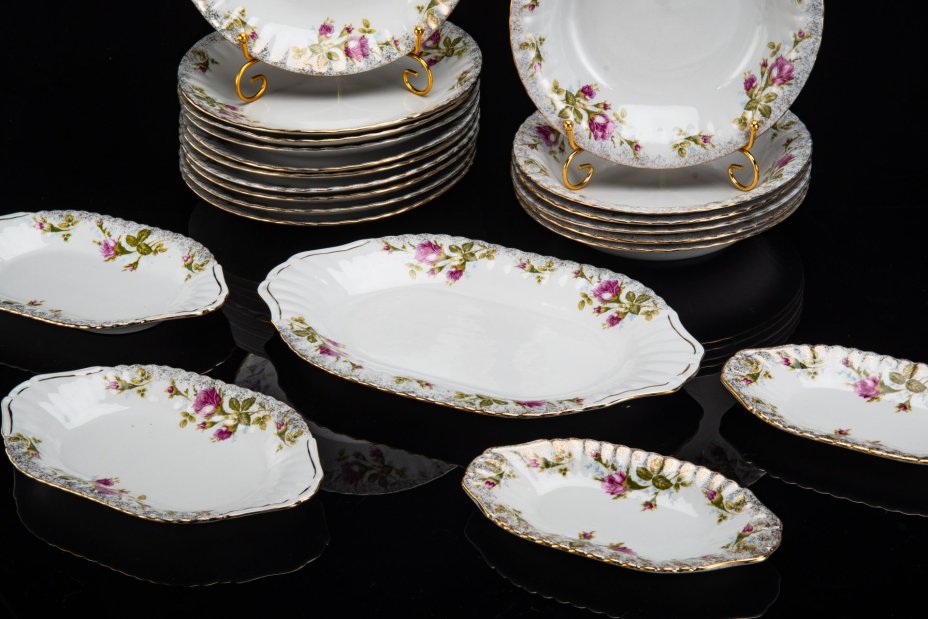 Сервиз столовый "Роза" на 6 персон, 21 предмет, фарфор, печать, золочение, Chodziez, Польша, 1964-1991 гг.