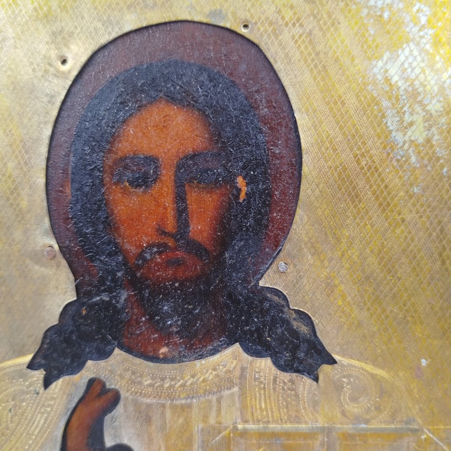 Икона "Господь Вседержитель", дерево, масло, латунь, гравировка, канфарение, Российская империя, 1890-1917 гг.