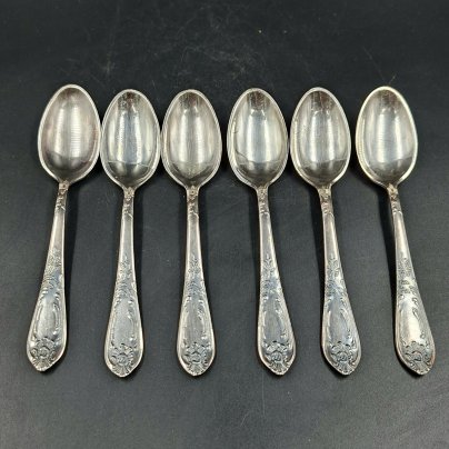 Набор из шести чайных ложек с растительным декором, мНЦ (медь-никель-цинк), Вольнянский завод столовых приборов им. Шевченко (ЗiШ, ЗиШ), СССР, 1960-1980 гг.