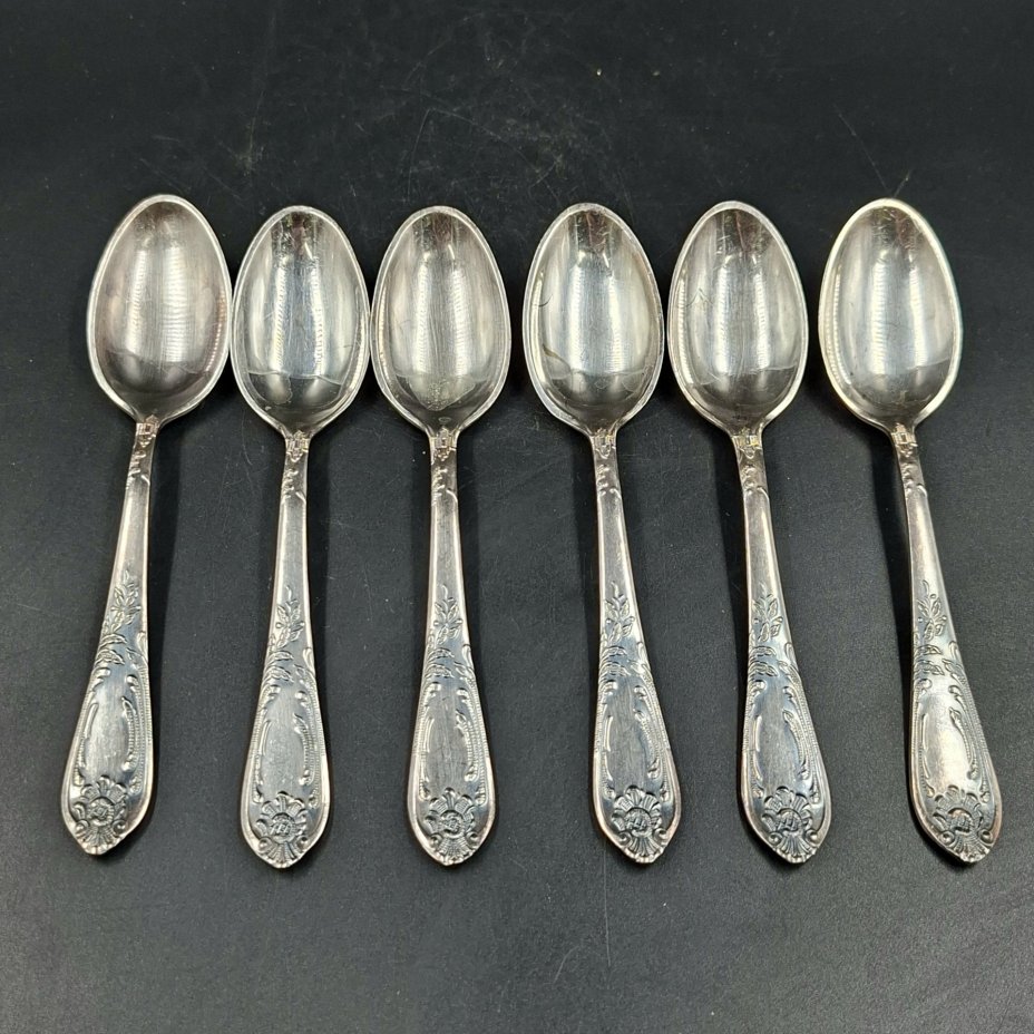 Набор из шести чайных ложек с растительным декором, мНЦ (медь-никель-цинк), Вольнянский завод столовых приборов им. Шевченко (ЗiШ, ЗиШ), СССР, 1960-1980 гг.