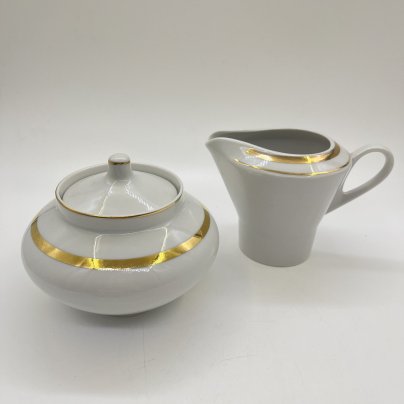 Набор из сахарницы и молочника с декором в виде золотистой полосы, фарфор, золочение, деколь, Дулевский фарфоровый завод (Дулёво), СССР, 1970-1990 гг.