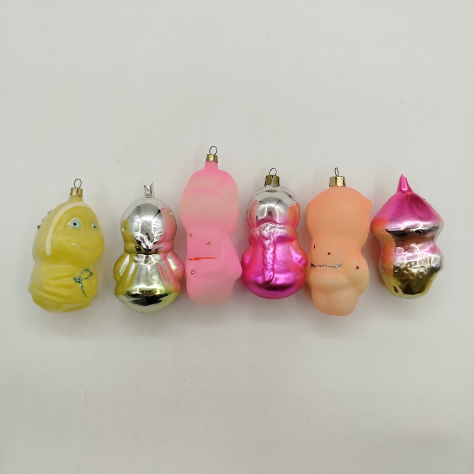 Набор из шести елочных игрушек "Морозко" в родной упаковке, стекло, металл, картон, Московский завод ёлочных украшений, СССР, 1970-1985 гг.