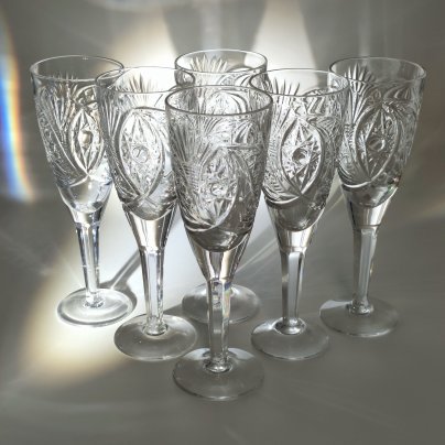 Набор из 6-ти бокалов с резным геометрическим декором, хрусталь, алмазная грань, СССР, 1970-1990 гг.
