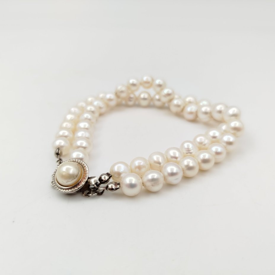 Браслет винтажный из двух нитей натурального жемчуга перламутрового цвета, жемчуг, сплав металлов