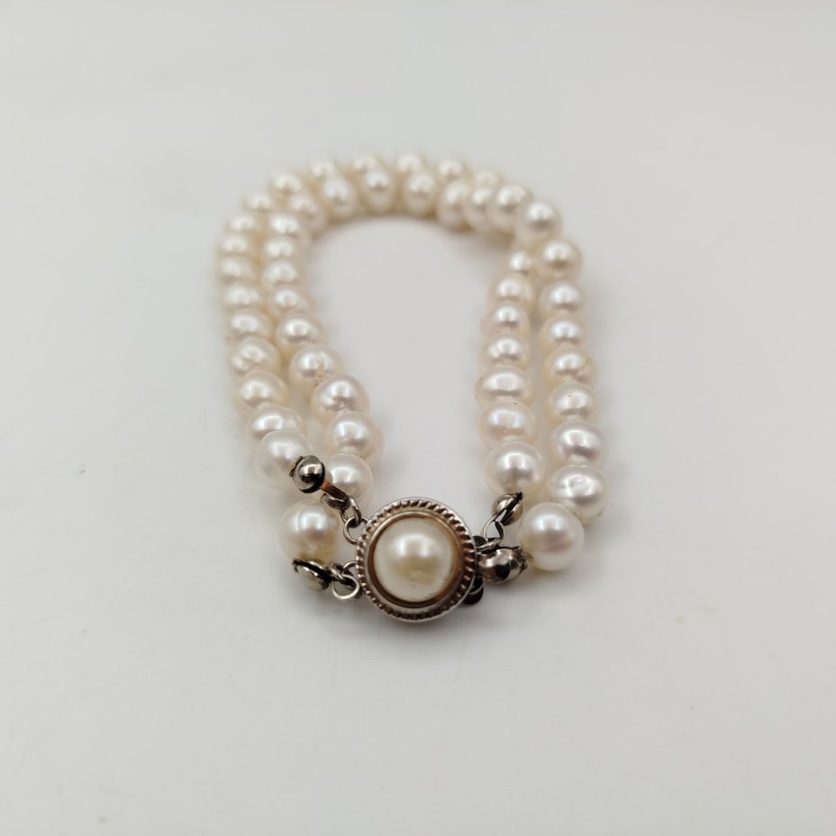 Браслет винтажный из двух нитей натурального жемчуга перламутрового цвета, жемчуг, сплав металлов