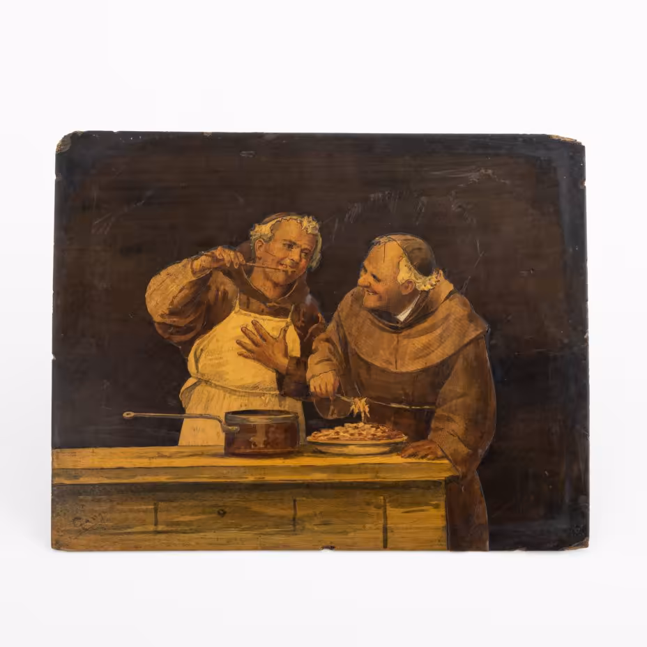 Панно по мотивам картины Джона Т. Боуэна (John T. Bowen, 1801–1856 гг.), изображающее двух монахов-францисканцев за приготовлением пищи, неизвестный мастер