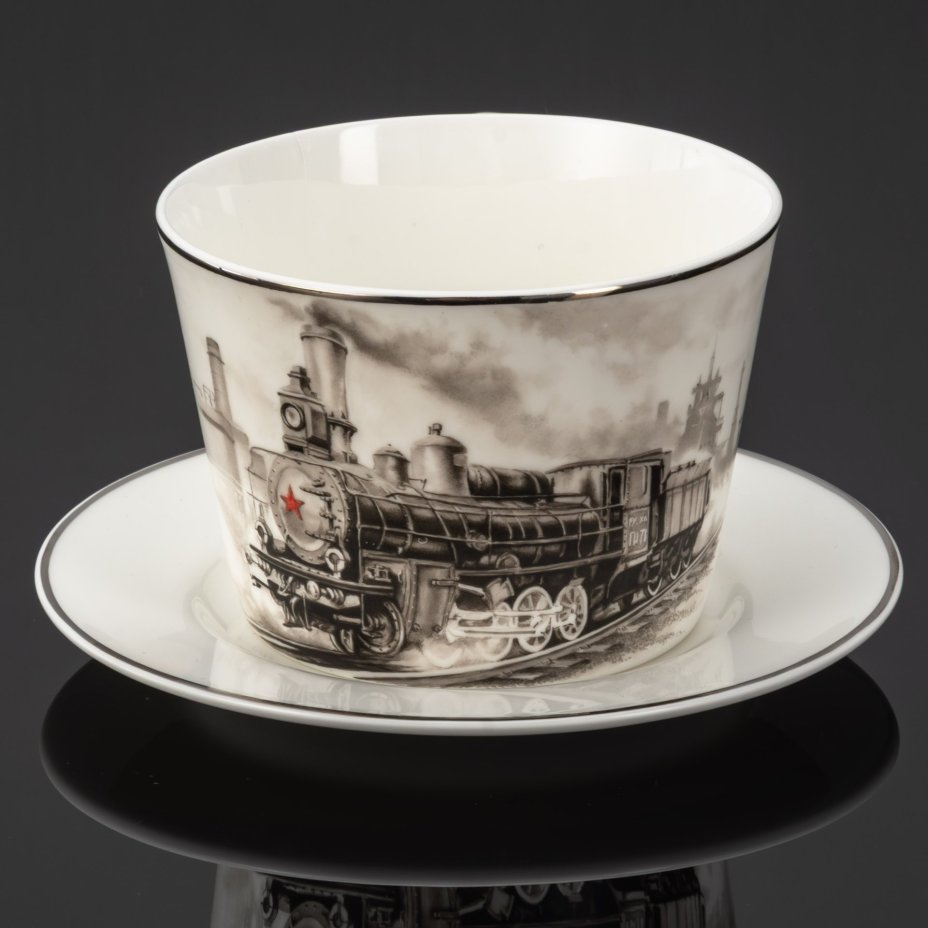 Чайная пара "Железная дорога", фарфор, роспись, серебрение, Российская Федерация, 2025 г.