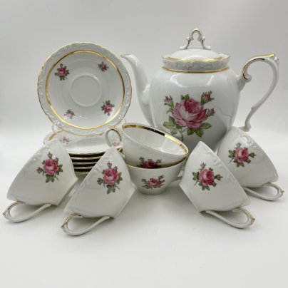 Набор для подачи чая/кофе на 6 персон (13 предметов), украшенный изображением розы, фарфор, деколь, золочение, Kahla, Чехословакия, 1968-1987 гг.