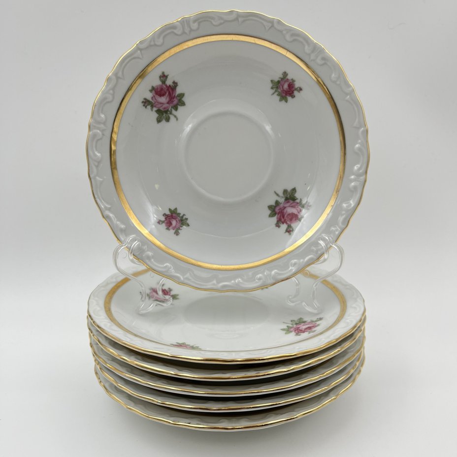 Набор для подачи чая/кофе на 6 персон (13 предметов), украшенный изображением розы, фарфор, деколь, золочение, Kahla, Чехословакия, 1968-1987 гг.