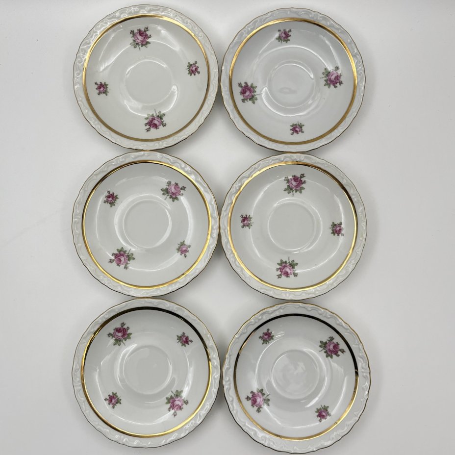 Набор для подачи чая/кофе на 6 персон (13 предметов), украшенный изображением розы, фарфор, деколь, золочение, Kahla, Чехословакия, 1968-1987 гг.