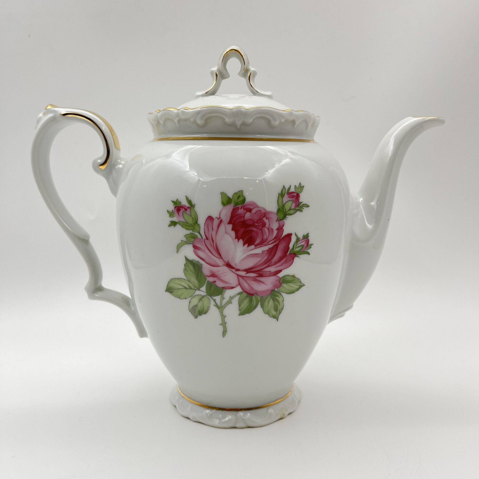 Набор для подачи чая/кофе на 6 персон (13 предметов), украшенный изображением розы, фарфор, деколь, золочение, Kahla, Чехословакия, 1968-1987 гг.