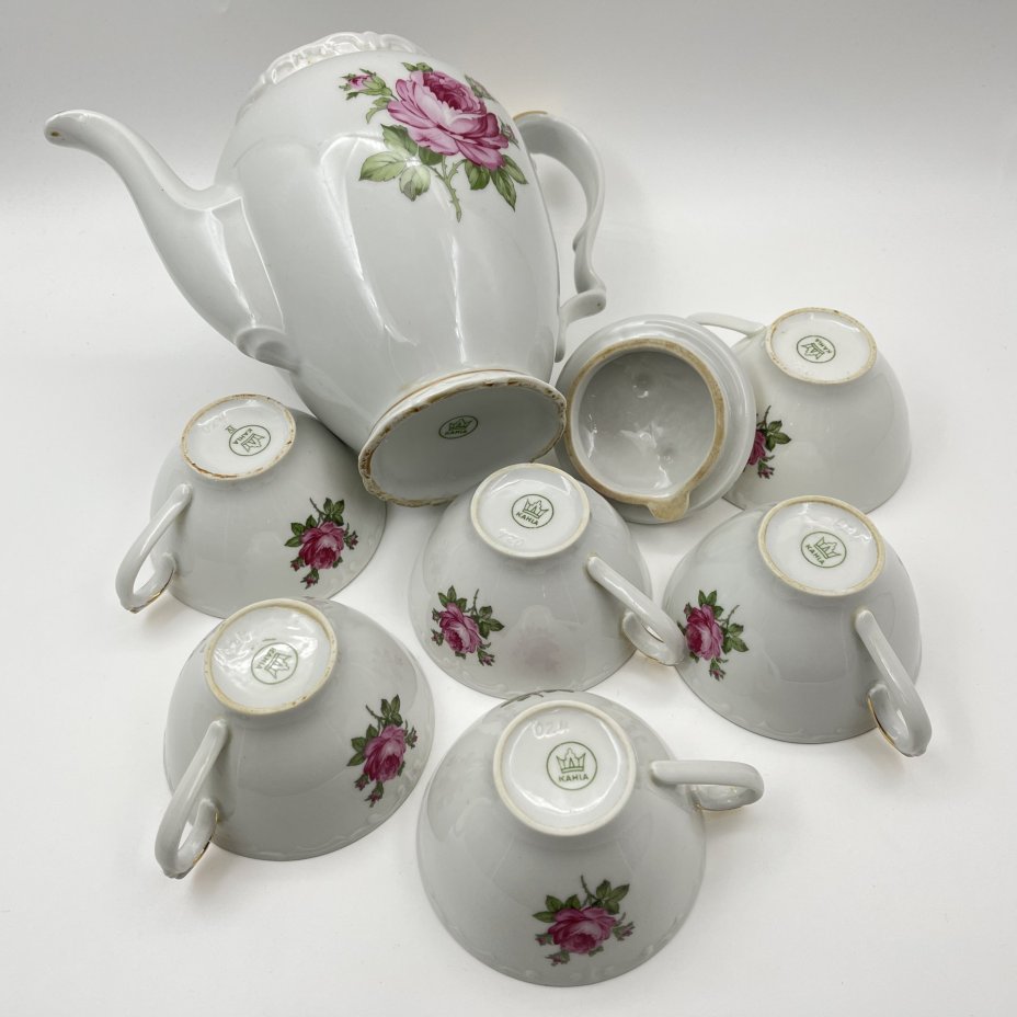 Набор для подачи чая/кофе на 6 персон (13 предметов), украшенный изображением розы, фарфор, деколь, золочение, Kahla, Чехословакия, 1968-1987 гг.