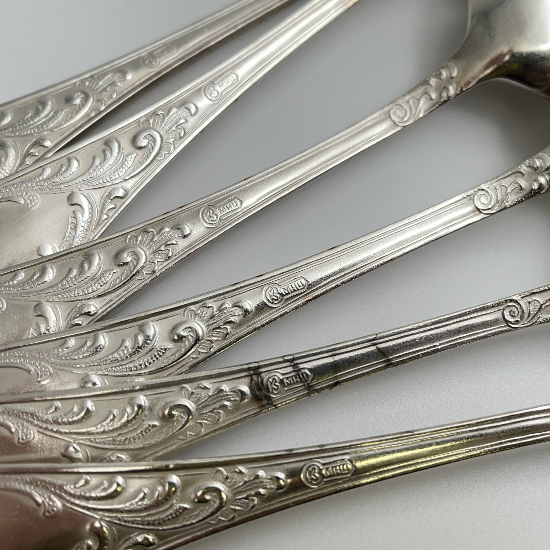 Набор столовых ложек "Пламя" (6 шт.), мНЦ (медь-никель-цинк), Кольчугинский завод цветных металлов, СССР, 1960-1990 гг.