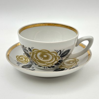 Чайная пара (большая) "Желтая роза", фарфор, деколь, золочение, Богдановичский фарфоровый завод, СССР, 1978-1991 гг.