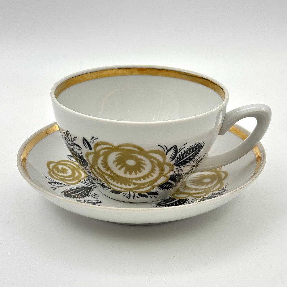 Чайная пара (большая) "Желтая роза", фарфор, деколь, золочение, Богдановичский фарфоровый завод, СССР, 1978-1991 гг.