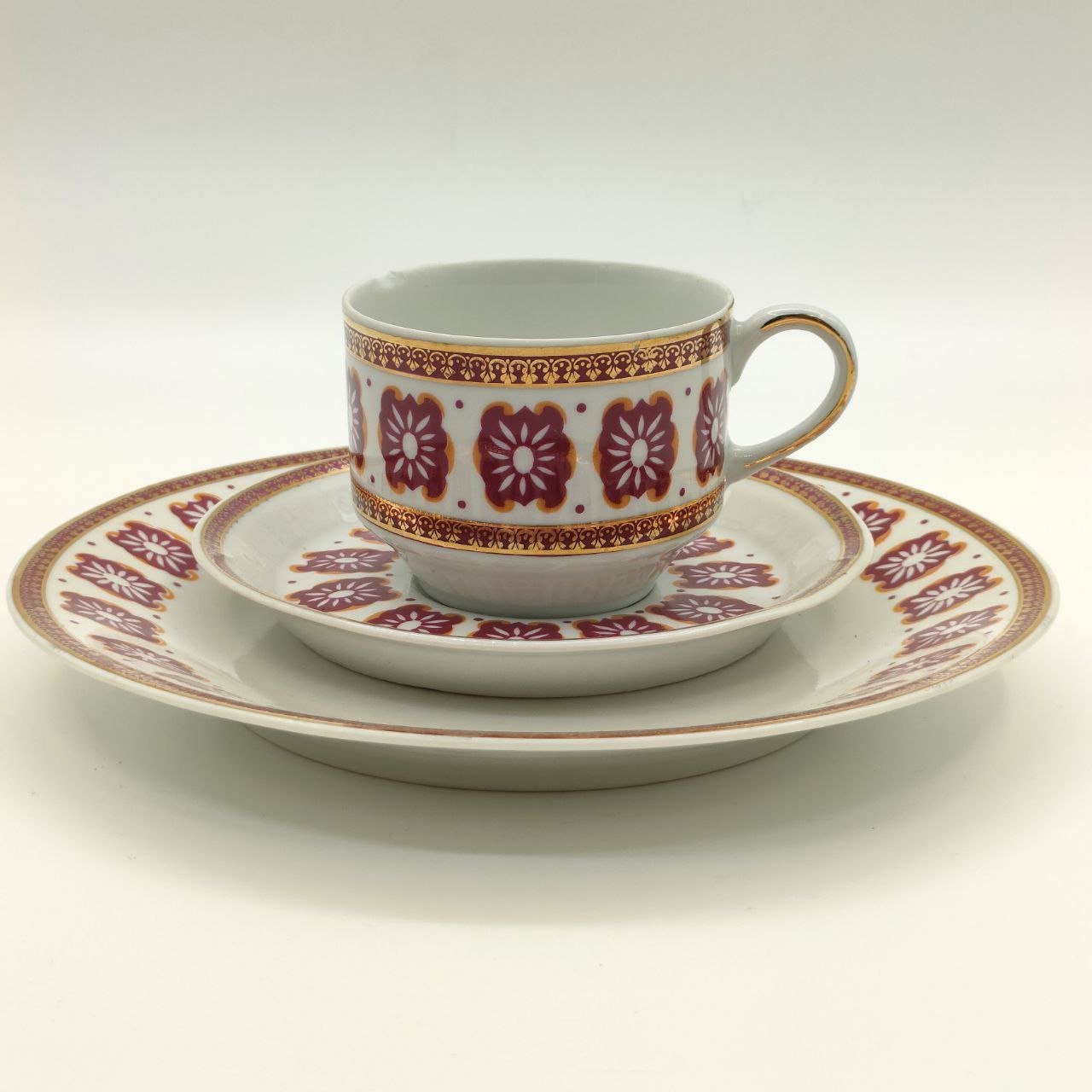 Трио кофейное с цветочным декором, фарфор, деколь, золочение, Cmielow, Польша, 1950-1970 гг.