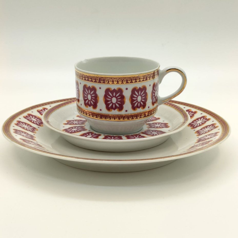 Трио кофейное с цветочным декором, фарфор, деколь, золочение, Cmielow, Польша, 1950-1970 гг.