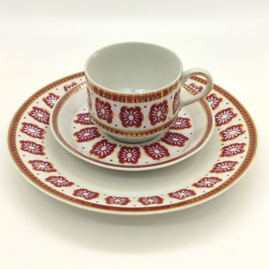 Трио кофейное с цветочным декором, фарфор, деколь, золочение, Cmielow, Польша, 1950-1970 гг.