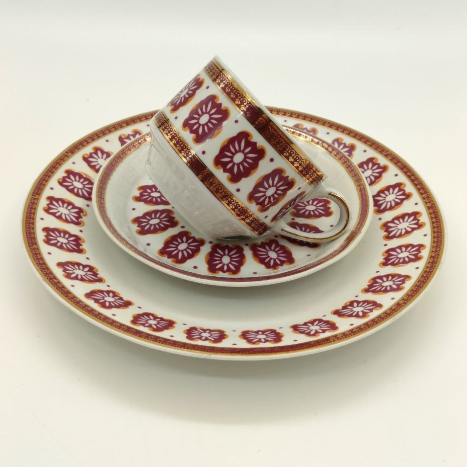 Трио кофейное с цветочным декором, фарфор, деколь, золочение, Cmielow, Польша, 1950-1970 гг.