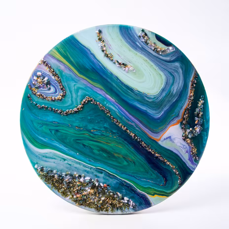 Панно настенное "Морская волна",  авторская ручная работа в технике Resin Art, глянцевое 3D покрытие, натуральный камень, стекло, Россия, 2021 г.
