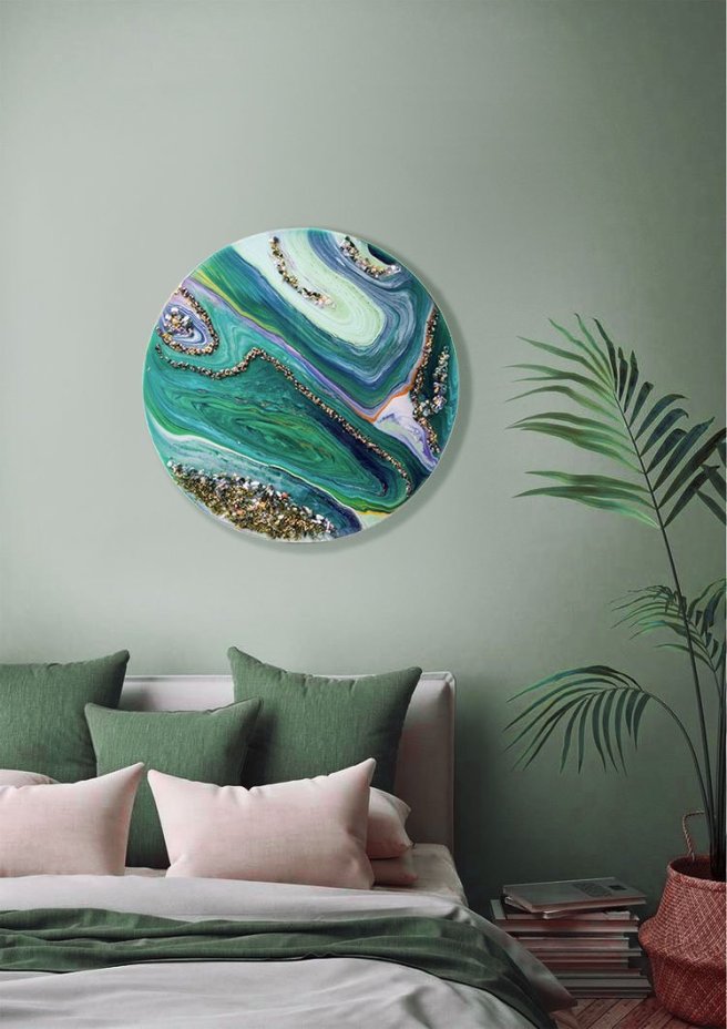 Панно настенное "Морская волна",  авторская ручная работа в технике Resin Art, глянцевое 3D покрытие, натуральный камень, стекло, Россия, 2021 г.